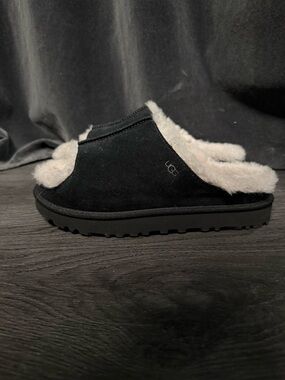 UGG Black Suede Shearling Slide with Cream Lining